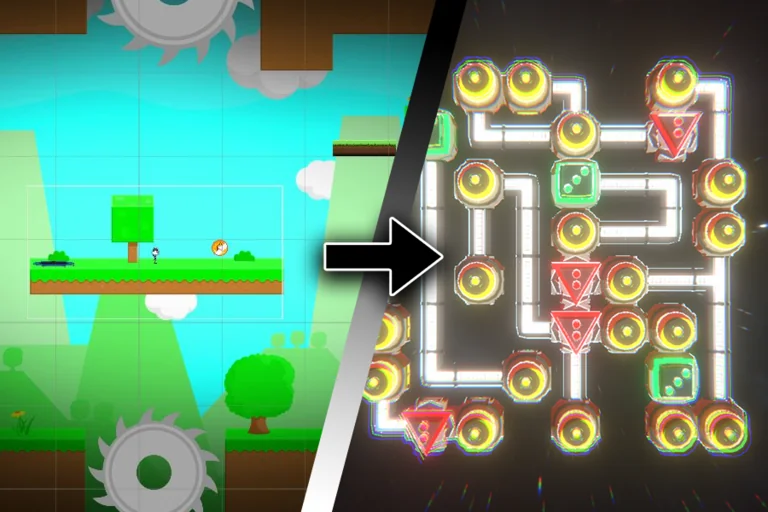 Two game screens side by side, an arrow between them: a bright 2D platformer level on the left, a dark neon top-down level on the right.